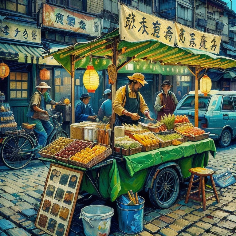 夜にフードマーケットで食事をするテーブルに座っているpeople, with street stalls, stalls, stall,  Shutterstock , Busy restaurant, Japanese Market, people々Is eating a meal, Bustling market,  is the best on Adobe Stock, 外で食事をしているpeople々,  shopping mall food court, people々The bustling , The bustling sound of the market ,  Vivid atmosphere 