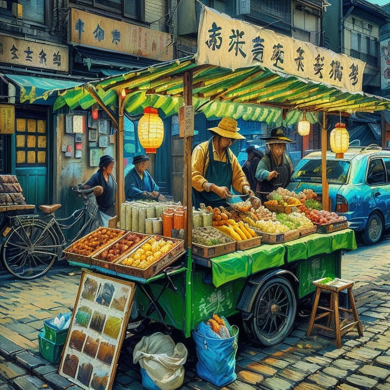 夜にフードマーケットで食事をするテーブルに座っているpeople, with street stalls, stalls, stall,  Shutterstock , Busy restaurant, Japanese Market, people々Is eating a meal, Bustling market,  is the best on Adobe Stock, 外で食事をしているpeople々,  shopping mall food court, people々The bustling , The bustling sound of the market ,  Vivid atmosphere 