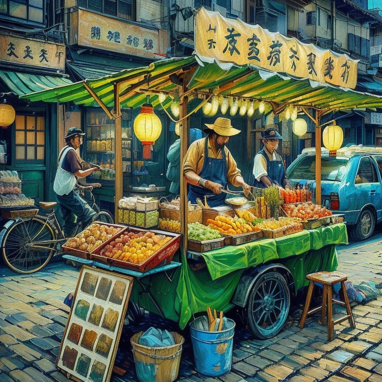 夜にフードマーケットで食事をするテーブルに座っているpeople, with street stalls, stalls, stall,  Shutterstock , Busy restaurant, Japanese Market, people々Is eating a meal, Bustling market,  is the best on Adobe Stock, 外で食事をしているpeople々,  shopping mall food court, people々The bustling , The bustling sound of the market ,  Vivid atmosphere 