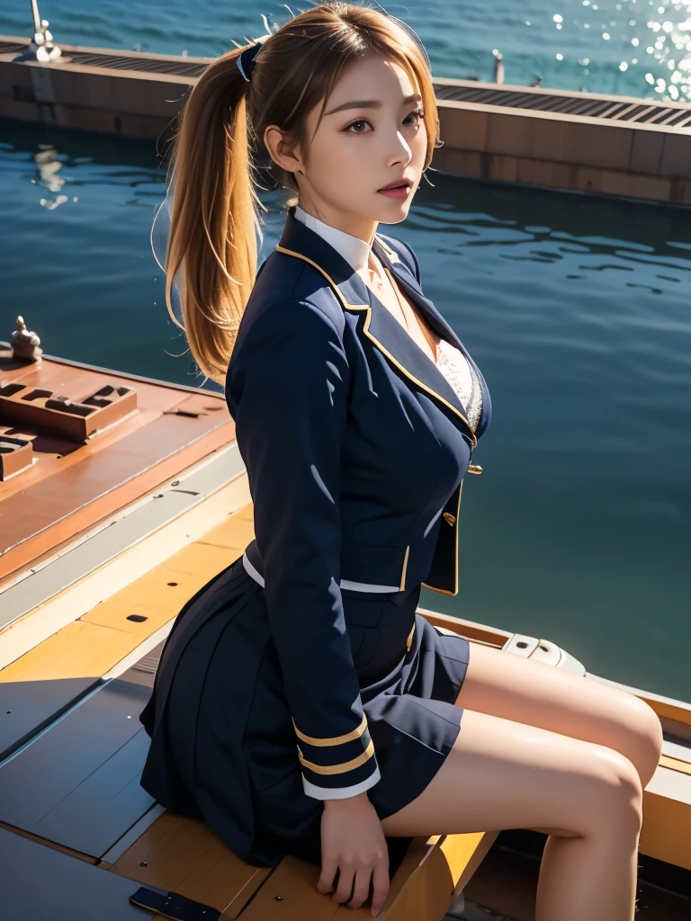 Highest quality, 8K quality, Masterpiece, Two busty women standing side by side, (Super big breasts compressed by clothes:1.2), Whitening skin, Sparkling Blue Eyes, Sailor collar uniform, (Pleated skirt), Above the knee, Skirtliftv1, (Booty stretched and highlighted by hands:1.3), (Super big breasts in a frontal view), (White panties), grabbing own ass, skirtlift