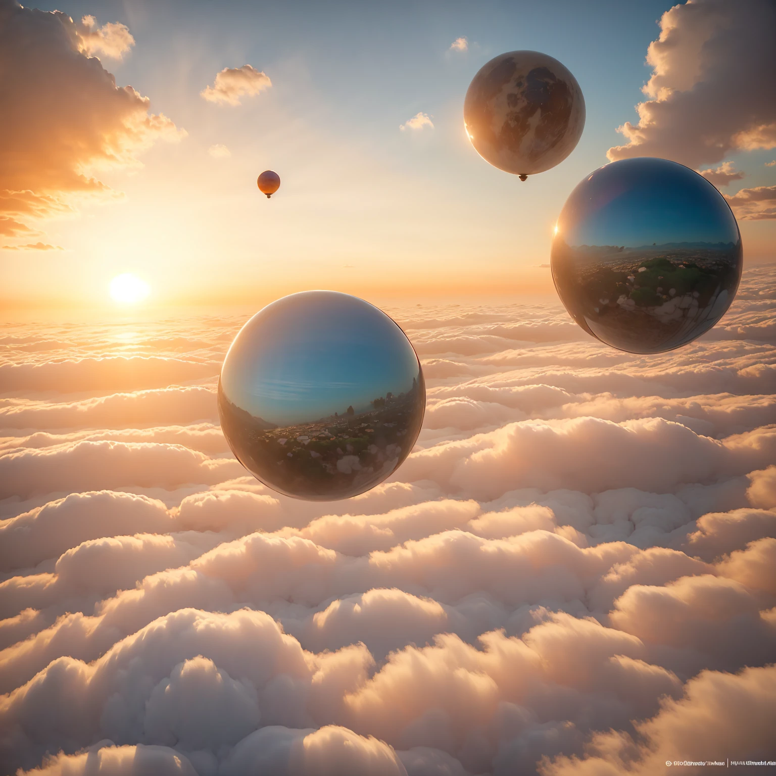 8K quality,(masterpiece:1.3), top quality, detailed images,unmanned, Above the Clouds,Floating(One perfect sphere is floating(A planet with only blue water)),background( golden gradation,Sunset gradation).