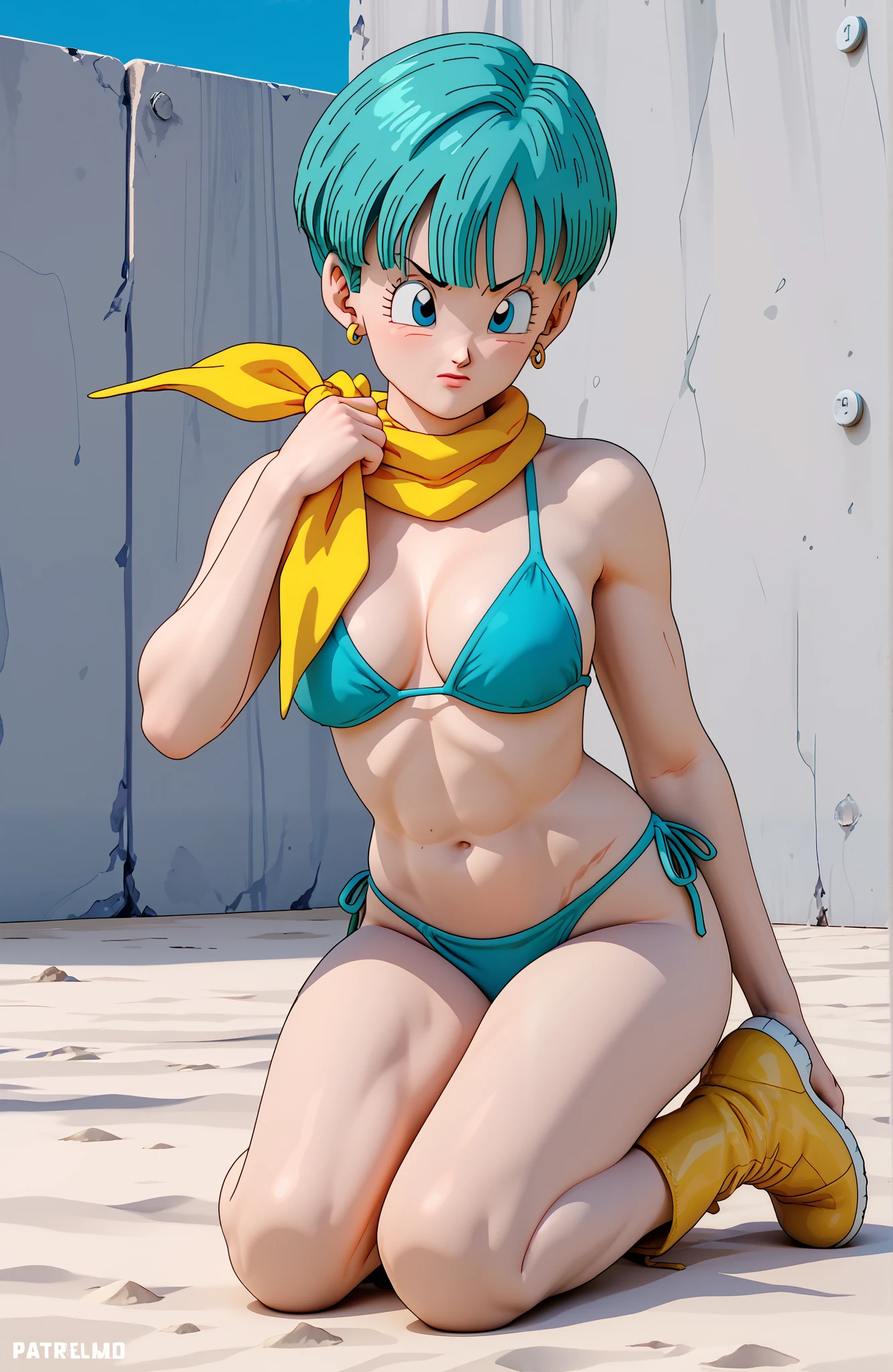 bulma, aqua blue hair, blue eyes, yellow scarf wrapped around neck, red swinsuit , yellow boots, trailers.bikini, 3d
