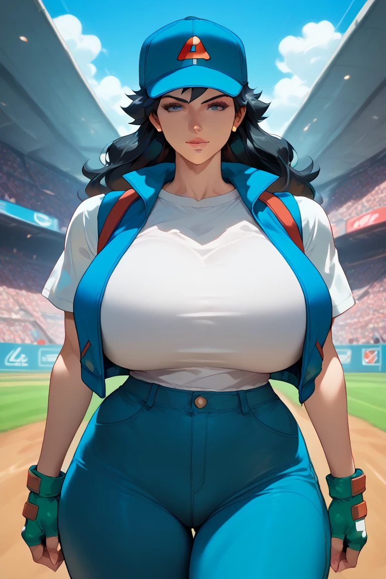 1girl,ash ketchum (pokemon),long hair,black hair,baseball cap,blue jacket,sleeveless jacket,shirt,short sleeves,pants,fingerless gloves,older, huge breasts, milf, motherly, wide hips