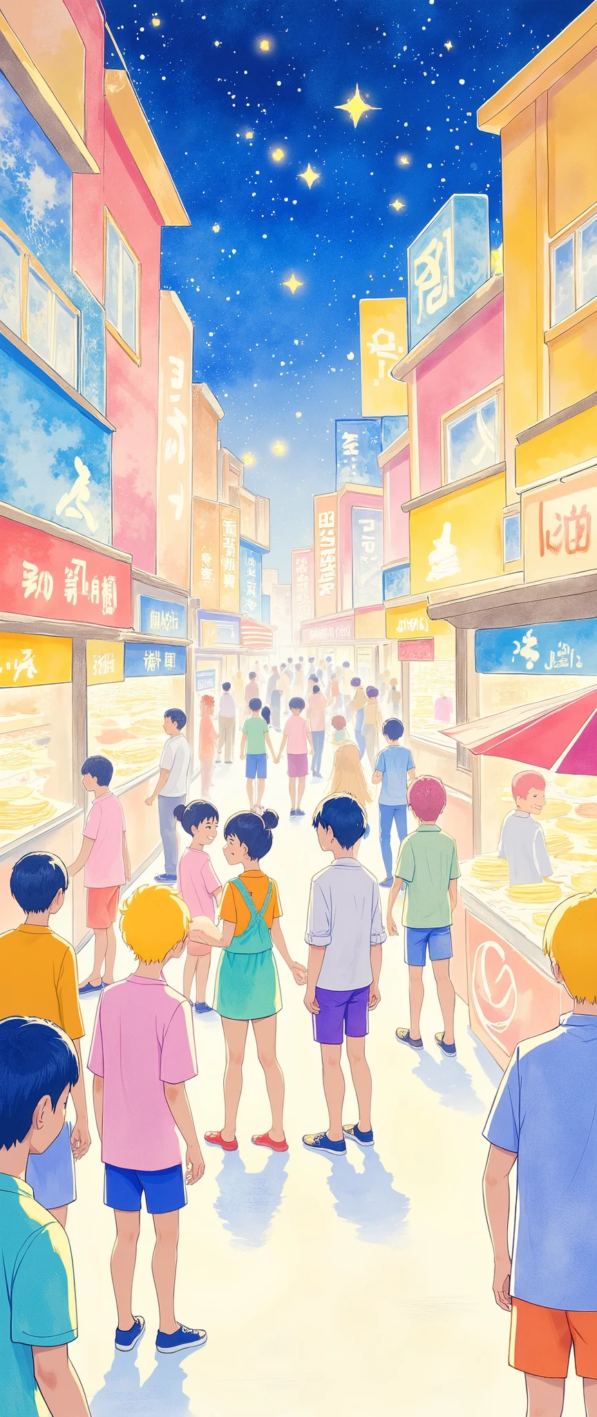 (Masterpiece:1.2,  top quality,  ultra high definition,  very detailed,  BEST ILLUSTRATIONS),8k,16k,wallpaper,(Street food scene ),(Taiwan Night Market :2.0),(Stalls lined up in a row :2.0),(people々 beautiful gradation full of bustling street stalls :2.0),( beautiful gradation),(watercolor),(gentle and lively :2.0),( fun atmosphere:2.0),( Dynamic)
