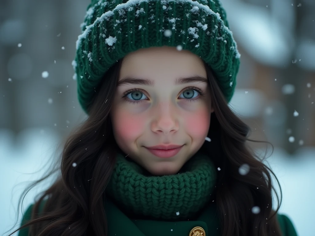 Child art realism 8k green eyes 
Playing in the snow full body