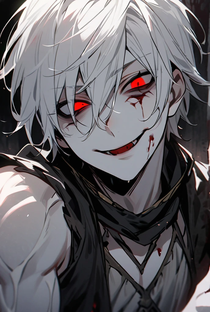 boy, white hair, long straight hair, red eyes, wild smile, sharp teeth, pointed ears, beige skin, white shirt, black suspenders, black cargo pants, red tribal tattoos, red facial tattoo, feather necklace, high details, high quality, 4K, HD, anatomically correct