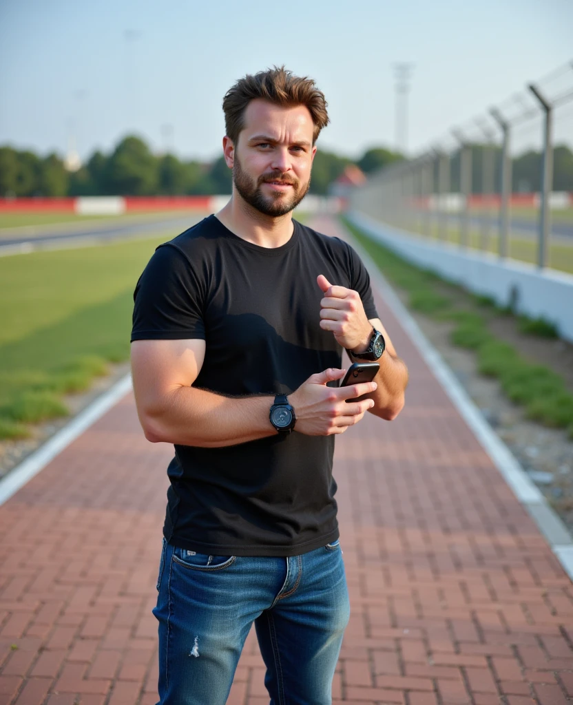 there is a man standing on a brick walkway holding a cell phone, taken with the best dlsr camera, candid picture, at a park, at racer track, very very low quality picture, with a park in the back ground, in a park, posing ready for a fight, photo taken with canon 5d, in an action pose, with a cool pose