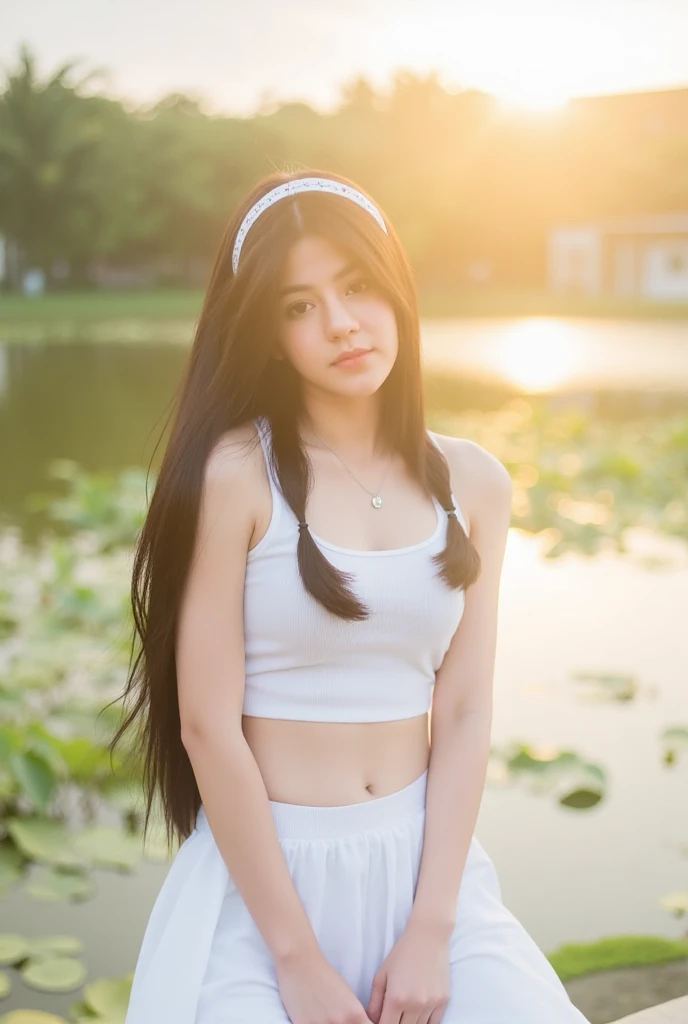 A serene, soft-lit portrait of a slender Thai woman looking at the camera with long flowing dark hair. standing outdoors during golden hour. She is wearing a delicate white headband and a matching top strapless white, tiered skirt with a cropped top. The sunlight is shining brightly behind her, casting a warm, ethereal glow around her figure and reflecting off the water in the background. Her eyes are closed, and she appears peaceful, immersed in the natural, tranquil setting. The overall tone of the image is gentle and dreamy, with soft colors and a calm, reflective mood. side profile shot. Framed by an analog camera lens and flash, her radiant beauty is captured on kodachrome analog film.
