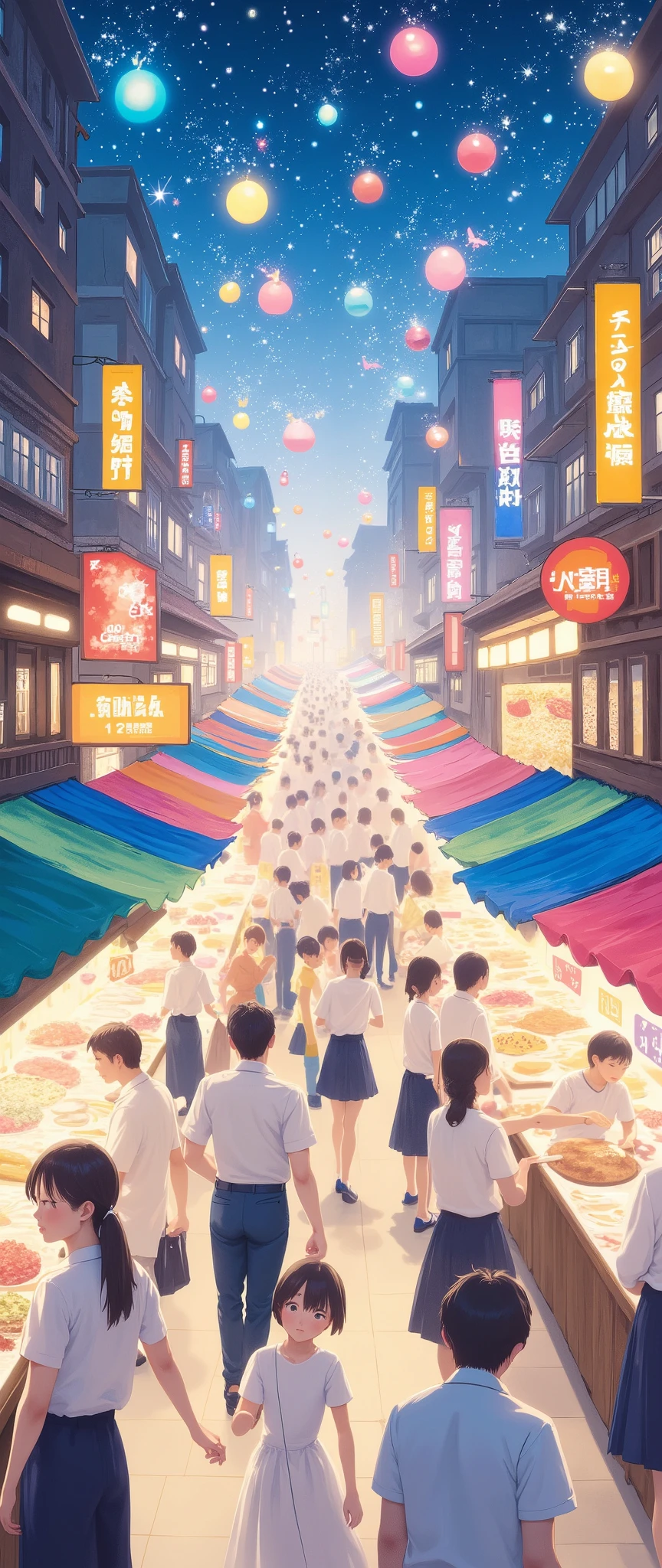 (Masterpiece:1.2,  top quality,  ultra high definition,  very detailed,  BEST ILLUSTRATIONS),8k,16k,wallpaper,(Street food scene ),(Taiwan Night Market :2.0),(Stalls lined up in a row :2.0),(people々 beautiful gradation full of bustling street stalls :2.0),( beautiful gradation),(watercolor),(Bleeding),(Dizziness ),(splash)