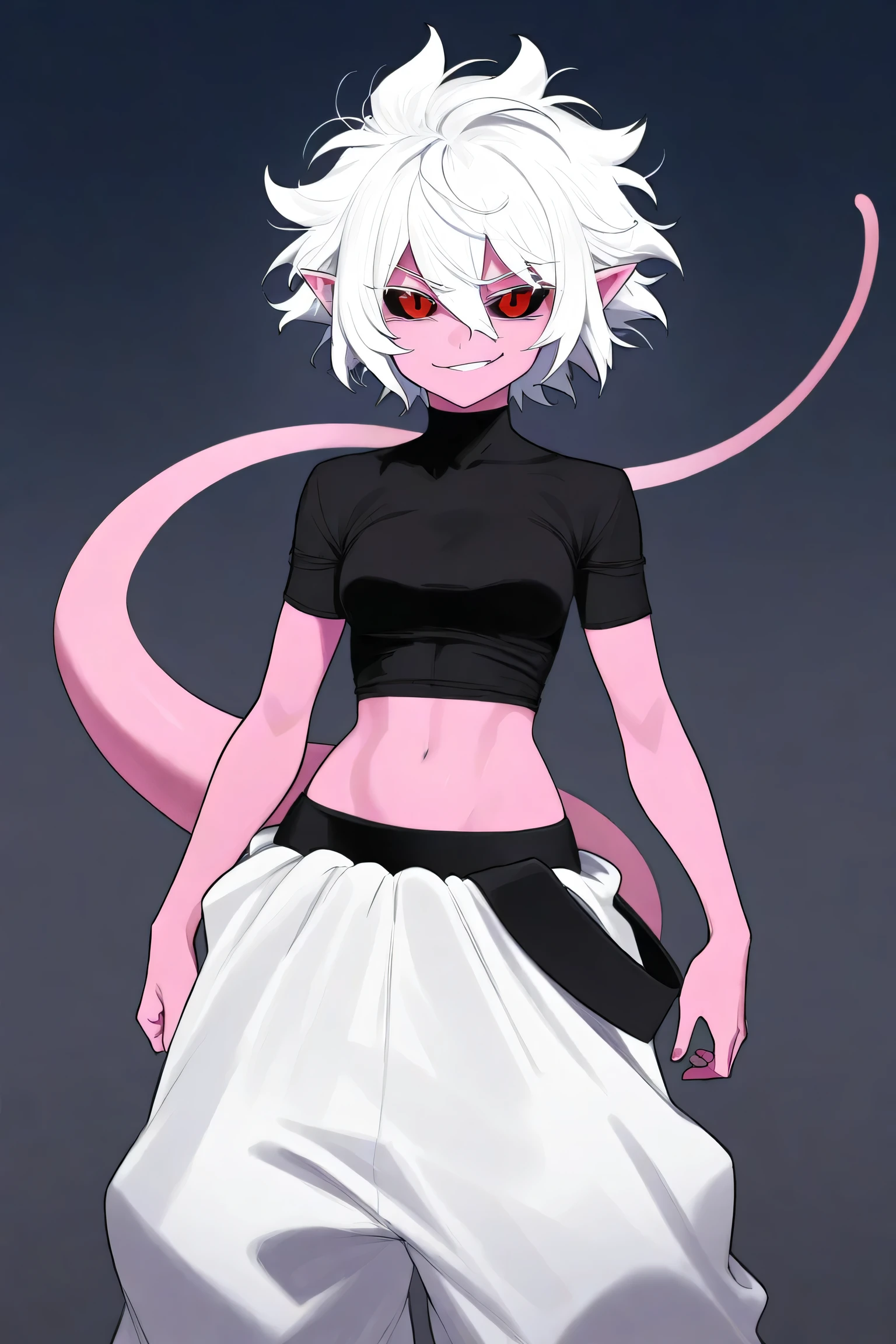 score_9, score_8_up, score_7_up, score_6_up, score_5_up, score_4_up, source_cartoon, rating_safe, by bigdad, (highres, high quality:1.1), 1girl, oni horns, small breasts, covered navel, scowl. white hair, red eyes, scratches,