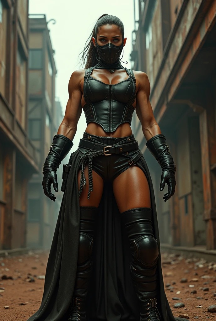(((Full-length shot))), very muscular build and medium breasts .., wears an open black leather vest.., black leather gloves, a short skirt and heavy boots. She has a punk rock look and blonde hair...Hyper-realistic close-up photo of Cammy, blue eyes, masterpiece, Best quality, (Photorealism: 1.4), Create dystopian masterpieces. Post-apocalyptic world. Pay attention to small details, sharp focus. The palms of the hands are clenched into fists.