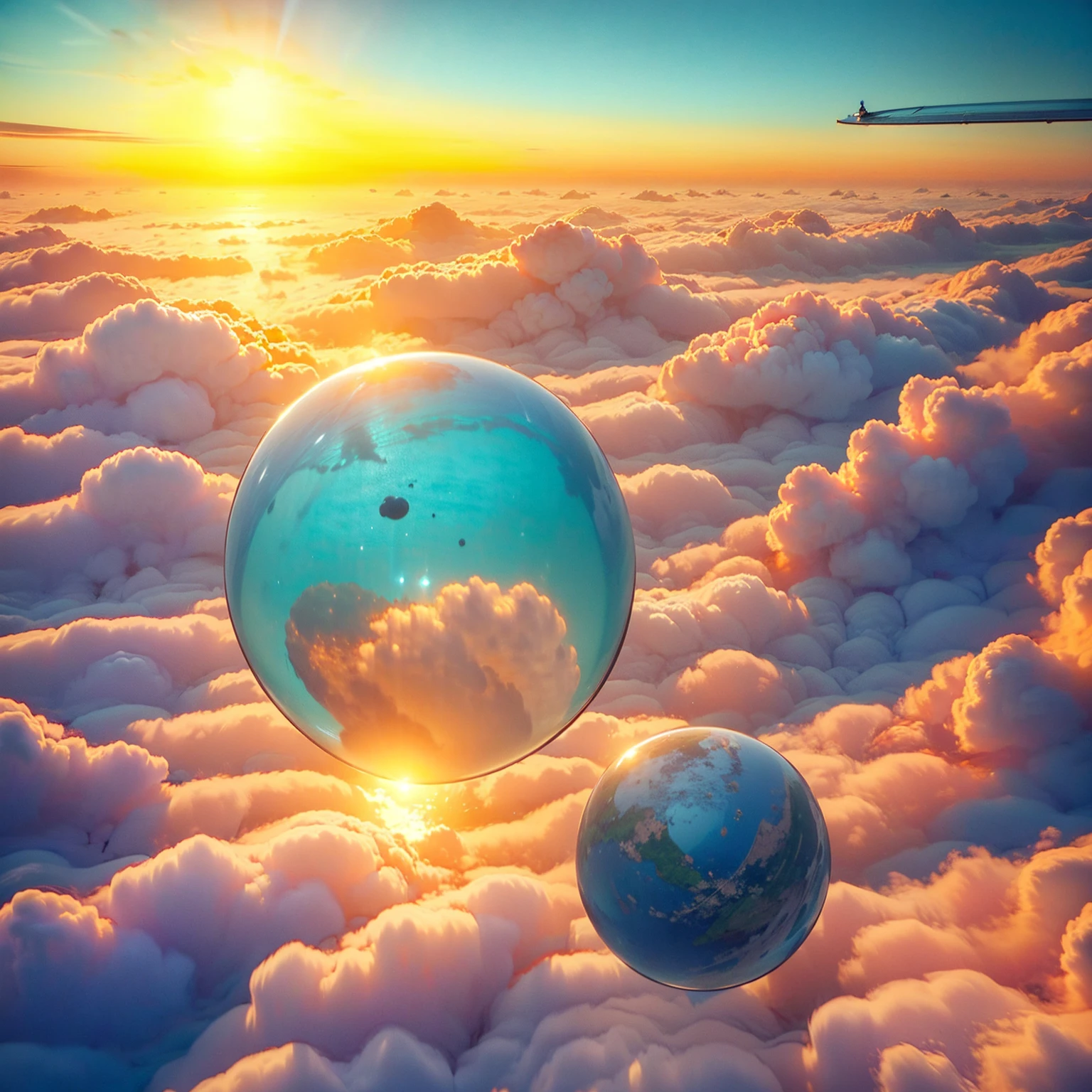 8K quality,(masterpiece:1.3), top quality, detailed images,unmanned, Above the Clouds,Floating(One perfect sphere is floating(A planet with only blue water)),background( golden gradation,Sunset gradation).