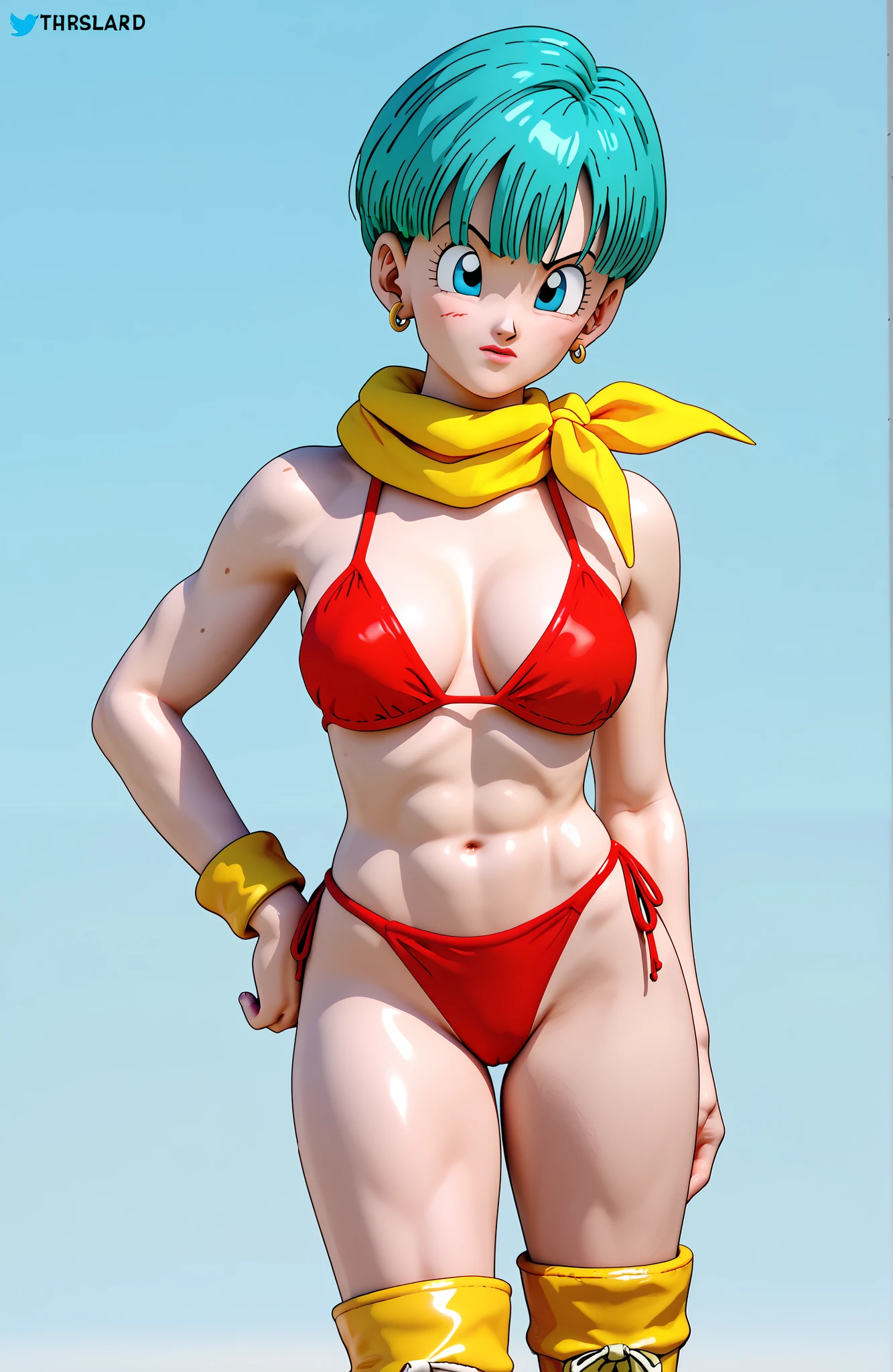 bulma, aqua blue hair, blue eyes, yellow scarf wrapped around neck,  red swinsuit , yellow boots, trailers.bikini, 3d 