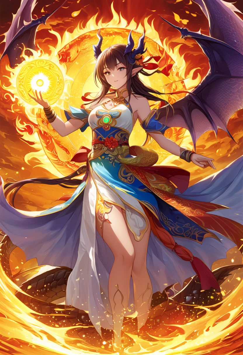 dragon, kepalanya nunduk, Best Quality,Unity 8k wallpaper, ultra-detailed, Beautiful and aesthetic, Beautiful, Official art, SanDisk, Solar Flare Spell, Blessing of the Sun Goddess,