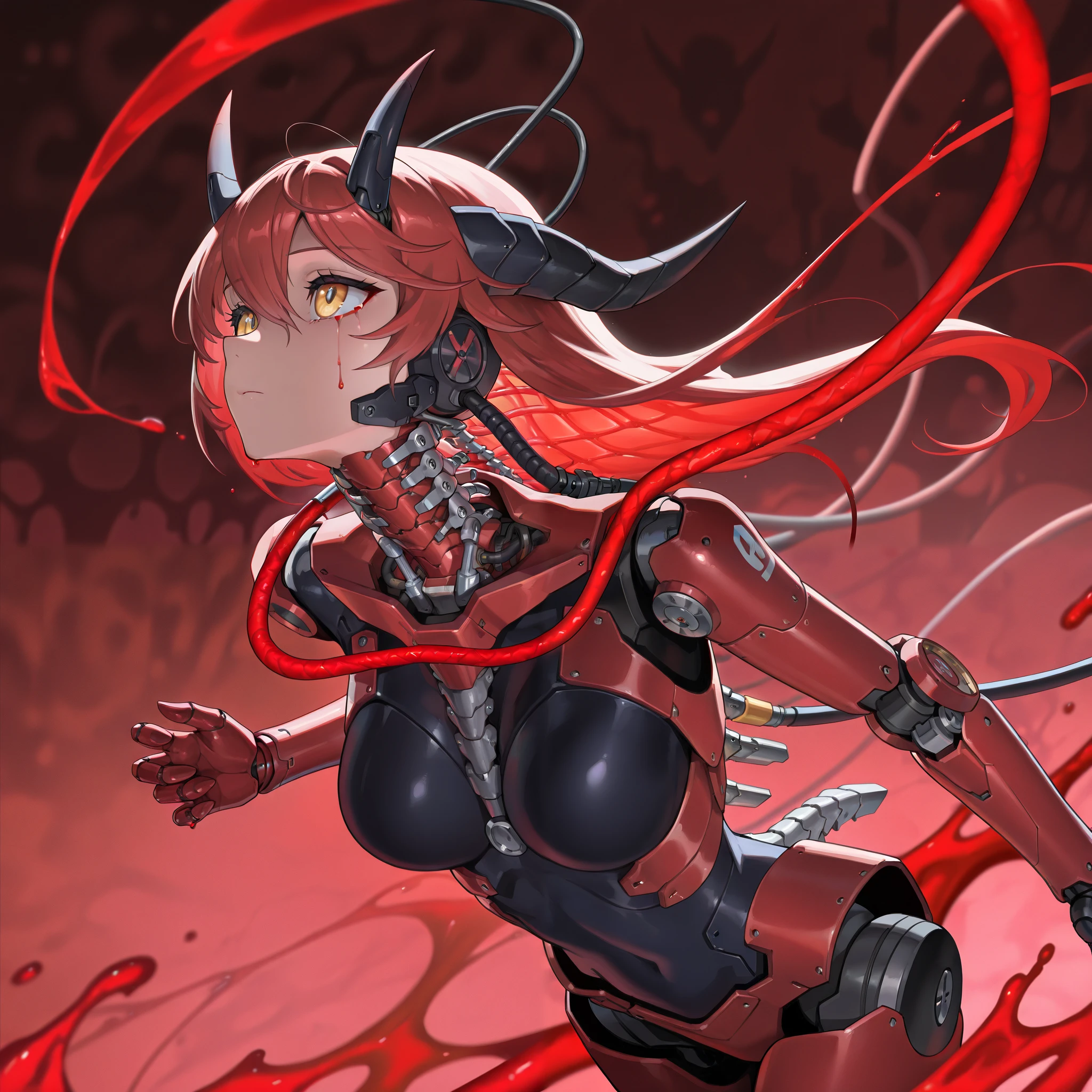 dark theme, bacterial, 1girl, solo, looking at viewer, twintails, red hair, drill hair, twin drills, <lora:bacterial_contamination-10:1>, <lora:LowRA:0.8>