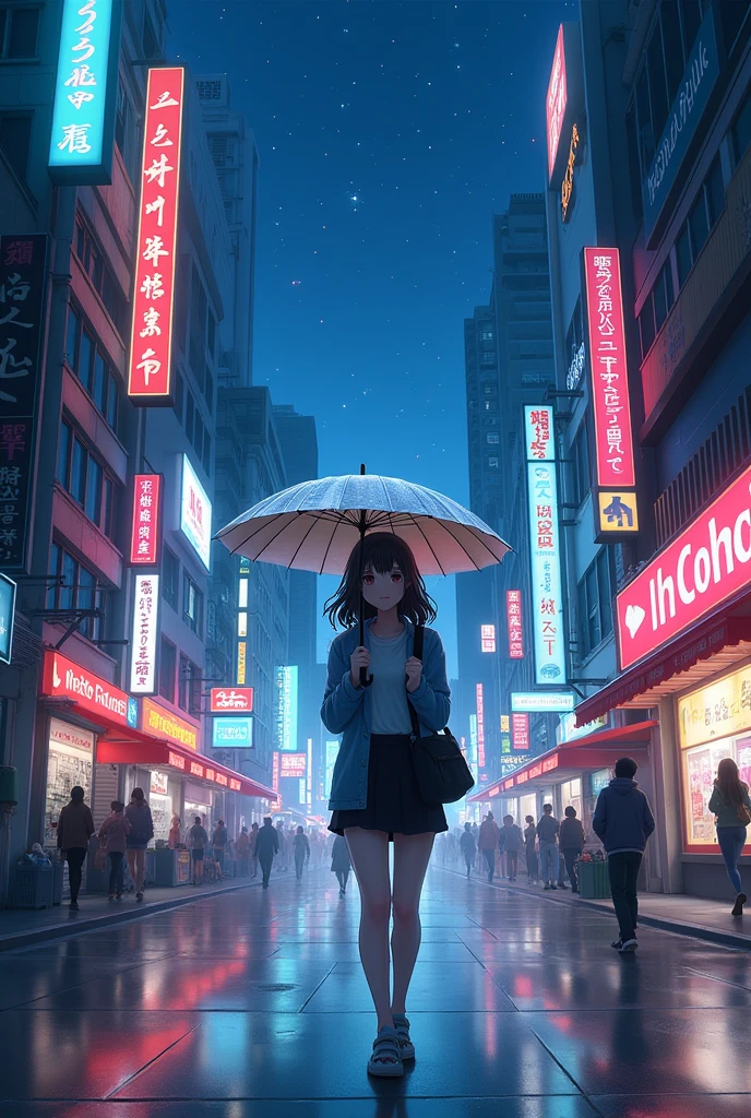 Normal drawing girl walking through the streets of Seoul at night and the main image from further away with an umbrella