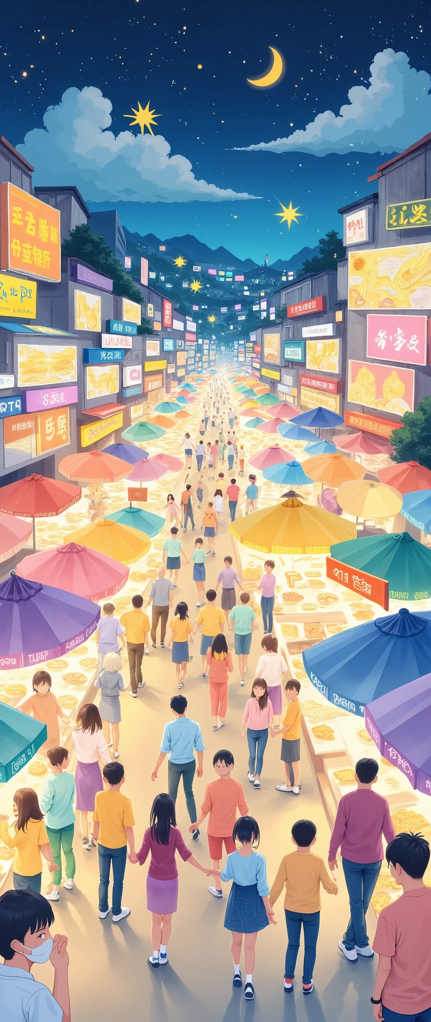 (Masterpiece:1.2,  top quality,  ultra high definition,  very detailed,  BEST ILLUSTRATIONS),8k,16k,wallpaper,(Street food scene ),(Taiwan Night Market :2.0),(Stalls lined up in a row :2.0),(people々 beautiful gradation full of bustling street stalls :2.0),( beautiful gradation),(watercolor),(gentle and lively :2.0),( fun atmosphere:2.0),( Dynamic)
