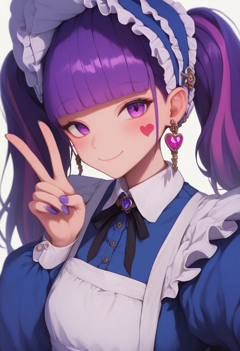 748cmstyle, 1girl, heart facial mark, v over eye, maid apron, looking at viewer, purple eyes, closed mouth, purple nails, blush, smile, purple hair, upper body, nail polish, collared dress, white apron, maid headdress, twintails, jewelry, earrings, blue dress, blunt bangs, selfie, bonnet, sidelocks, multicolored hair, blue nails, fingernails, blue headwear, hand up, medium hair, masterpiece, best quality, year 2024, newest, very awa, highres, absurdres,