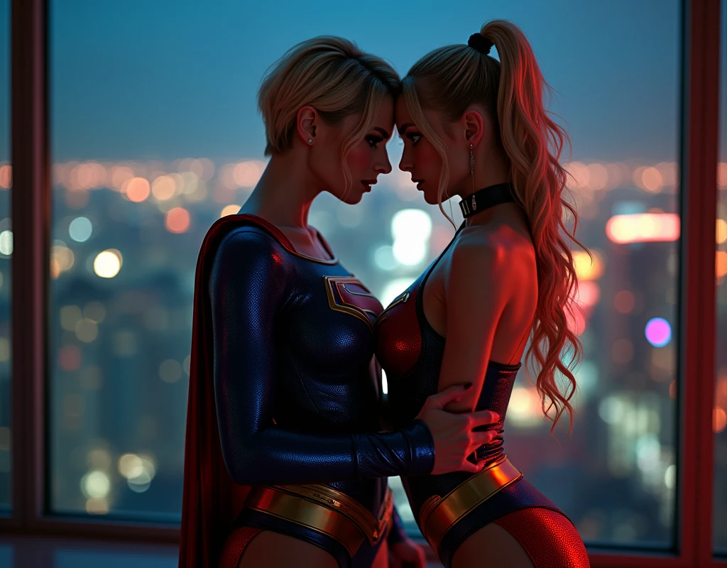 Create an evocative image of Brie Larson as captain marvel (medium blonde hair) and Scarlett Johansson as black widow (short red hair), side by side outside a spaceship, resting on a bed, resting on a bed, gazing silently towards the horizon where the warm hues of a setting sun paint the sky in nostalgic colors. Cinematic lighting. Panty, (white singlet top). hug. kiss. passionate gentle kiss on the lips. kissing. looking at each other. grabbing buttocks. consensual. Bliss.