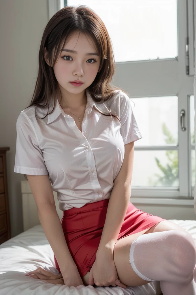 (best quality, masterpiece, 16k, ultra detailed, beautiful skin, professional lighting) A girl,、｛(office lady uniform,dress shirt,ribbon,dark pink pencil skirt ,white stockings,cowboy shot)}、( big bedroom,-yeld,),(ooking for me))),(((from front,前から)))