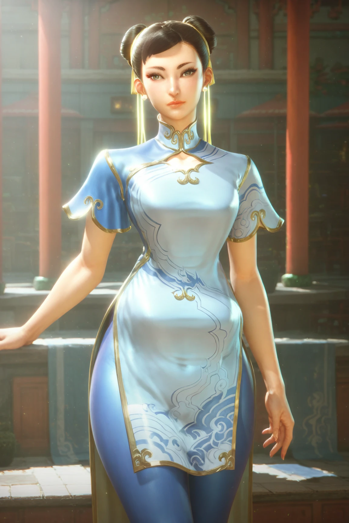 score_9, score_8_up, score_7_up,score_6_up, score_5_up,1girl, looking at the viewer, earrings, hair bun, hair ribbon, blue qipao, blue leggings, standing in a plaza, right point of view, looking to viewer, sitting on a couch, crossing her legs 
 