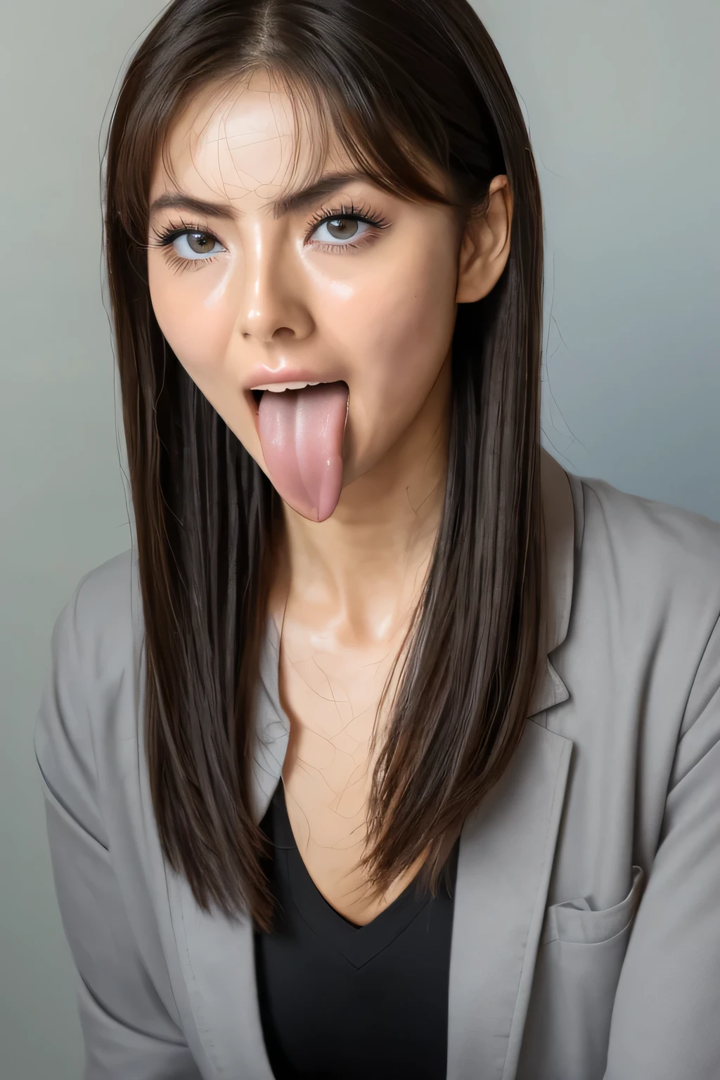 AEON PHOTO ,8k, リアルな肌の質感 , 1 girl, Table Top Cover Upper Arms ,, Award-Winning Photos , very detailed , In Front of a Public Toilet in a Park , Nose and mouth, faces , Extreme Closeup of His Face 、 Woman with Her Eyes Open , Black Camisole 、20 years old, black hair、 Symmetrical face , Insulated 、 angle 、 C spreading under the table top of my jacket shaped nostrils ,(( Gray background ))、Sweaty skin、Lights that highlight Glowing Skin Legs with sweat、((Sharp Nose))Sweaty skin glistens、 Shiny Skin 、Sweaty hair、sunlight、(Brow wrinkles)((Frowning))( Ejaculates on My Tongue in Front of the Park Public Toilet Entrance )、 Deep Kiss 、(( thin eyebrows on boots))((( oily skin )))、 Glowing Skin Legs 、 double eyelid 、 wet and shiny tongue 、Hair tied up、 Up Hair、((( Girl Trembling at the Peak of Her Sexual Desire )))(((Oily and Glowing Skin Legs )))(( Sweat Erupting Through Her Pores ))Tamsin Egerton,((Sticking out a long tongue, ahe face)),Beautiful Japanese Actresses,((Face close-up))