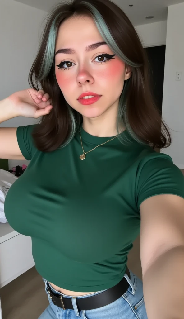 -High quality- -masterpiece- A 19-year-old girl, very beautiful, very white skin, black hair, beautiful brown eyes, very sexy body, big breasts, dressed in a green blouse, tight jean pants, sneakers. serious expression, standing taking a selfie. Close-up, swooping camera.
