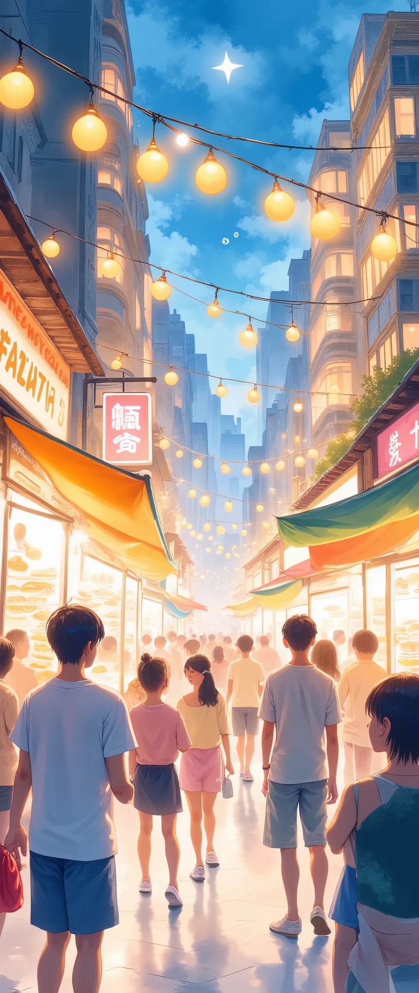 (Masterpiece:1.2,  top quality,  ultra high definition,  very detailed,  BEST ILLUSTRATIONS),8k,16k,wallpaper,(Street food scene ),(Taiwan Night Market :2.0),(Stalls lined up in a row :2.0),(people々 beautiful gradation full of bustling street stalls :2.0),( beautiful gradation),(watercolor),(Bleeding),(Dizziness ),(splash),(gentle and lively :2.0),( fun atmosphere:2.0),( Dynamic:2.0),(From below:2.0),( depth of field)