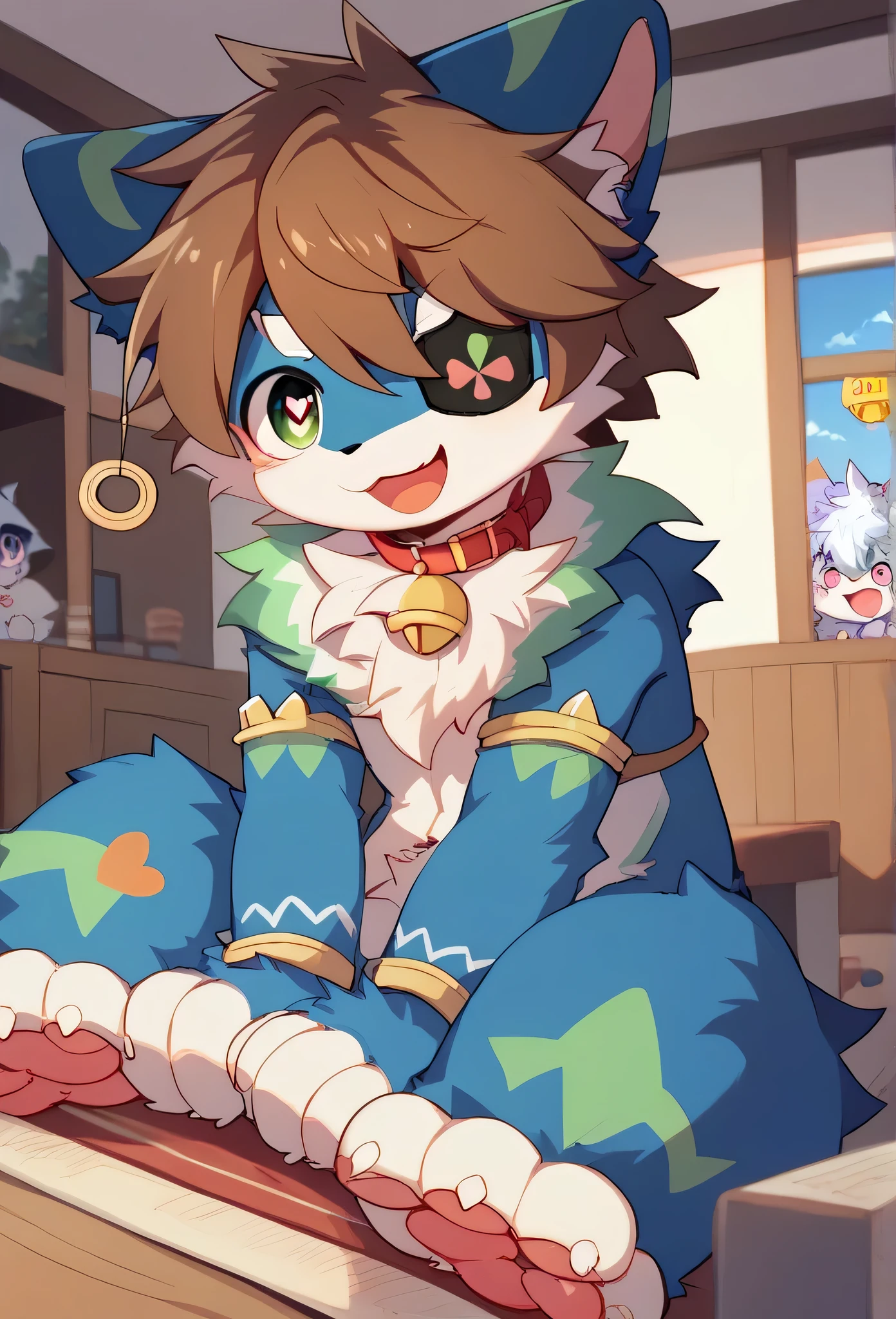 very detailedな, very detailed, blue fur gray hair , brown hair,,male,骨 を見て excited,Heart Eye,participate,Hypnosis,brainwashing,Pets, green、white、 like colored hats , cute face, is sitting!,Connect collar and lead ,,Black Ear ,fur for boys , like fluffy fur, excited,Horny boy,美しいroom, room , eye patch,smile,greenのオーバーオール,whiteのTシャツ,Alone,Dropped ears, my mental age ,want