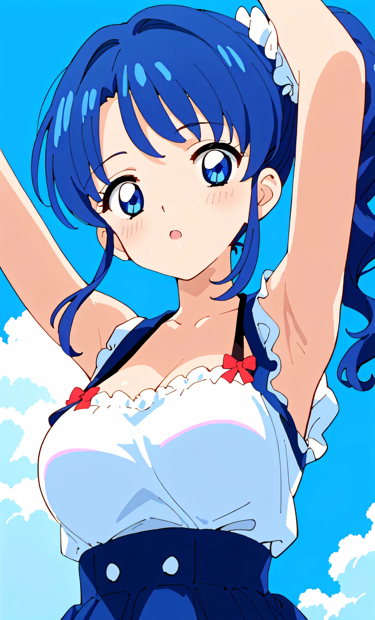 Aoi Kiriya (Aikatsu!)), 1 girl, solo, from below, (big breasts focus), (chest swaying), clothed, arms raised, :d, blushing, looking at camera, upper body, ( beach), (super detailed; 1.3 ), perfect anatomy, blue hair, side ponytail, blue eyes