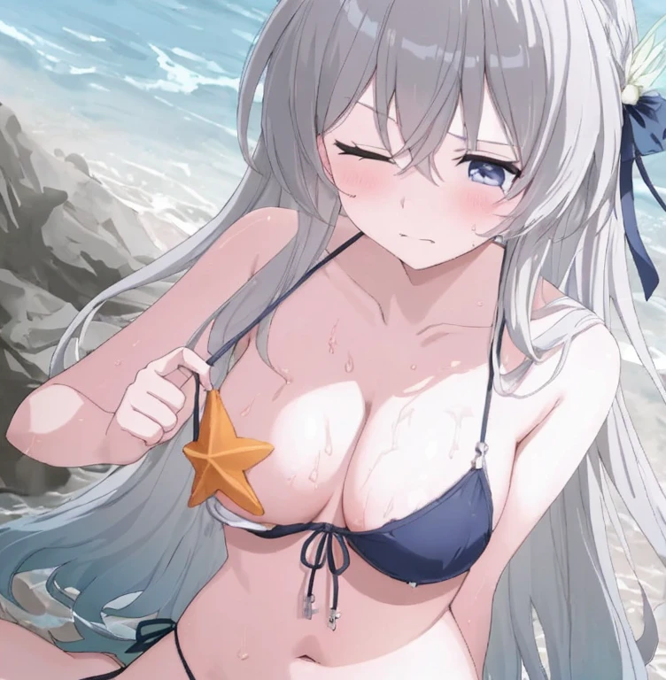 (masterpiece、top-quality、Top image quality:1.2)、((kawaii))、(((tiny black micro bikini)))、(((Colossal tits)))、((1 girl in))、独奏、tre anatomically correct、clean、Beautiful breasts、((teats))、(((Sheer nipples)))、beach side、nearly naked、((25-years old))