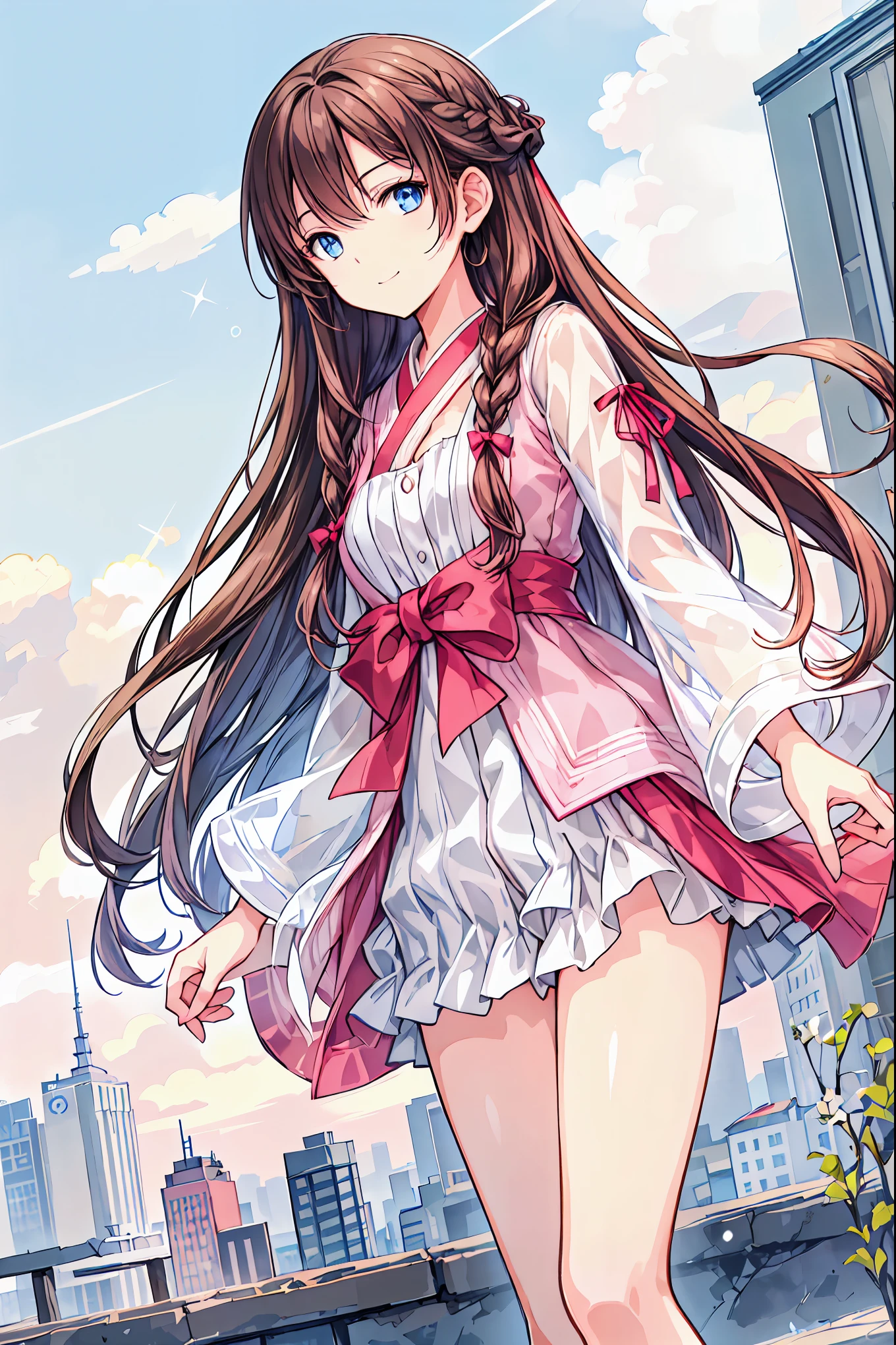 Winter clothes、Red coat、Bare legs、( top quality ,Masterpiece:1.3, Ultra-Fine ),( very detailed, caustics ,8k),( realistic :1.4,RAW shooting),18 years old, Japanese , cute, Looking at the camera and smiling ,( faces :1.2),( face close-up :1.2),(Low position:1.3),( low angle:1.4), brown hair, Shortcut , slender beauty , messy hair,Cityscape, brown hair, Shortcut , tousled hair , short braided hair,Neat, slender and beautiful woman with C cup breasts ,Correct posture, small breasts, Beautiful Legs, Enchanting gray-blue eyes shine like stars ,Droopy eyes, bright color , beautiful eyes,A delicate smile, Textured Skin, BEST QUALITY BEST , A humorous parody of a gentle and beautiful woman writing directly from the bottom of the depth of the dress border , anime style、