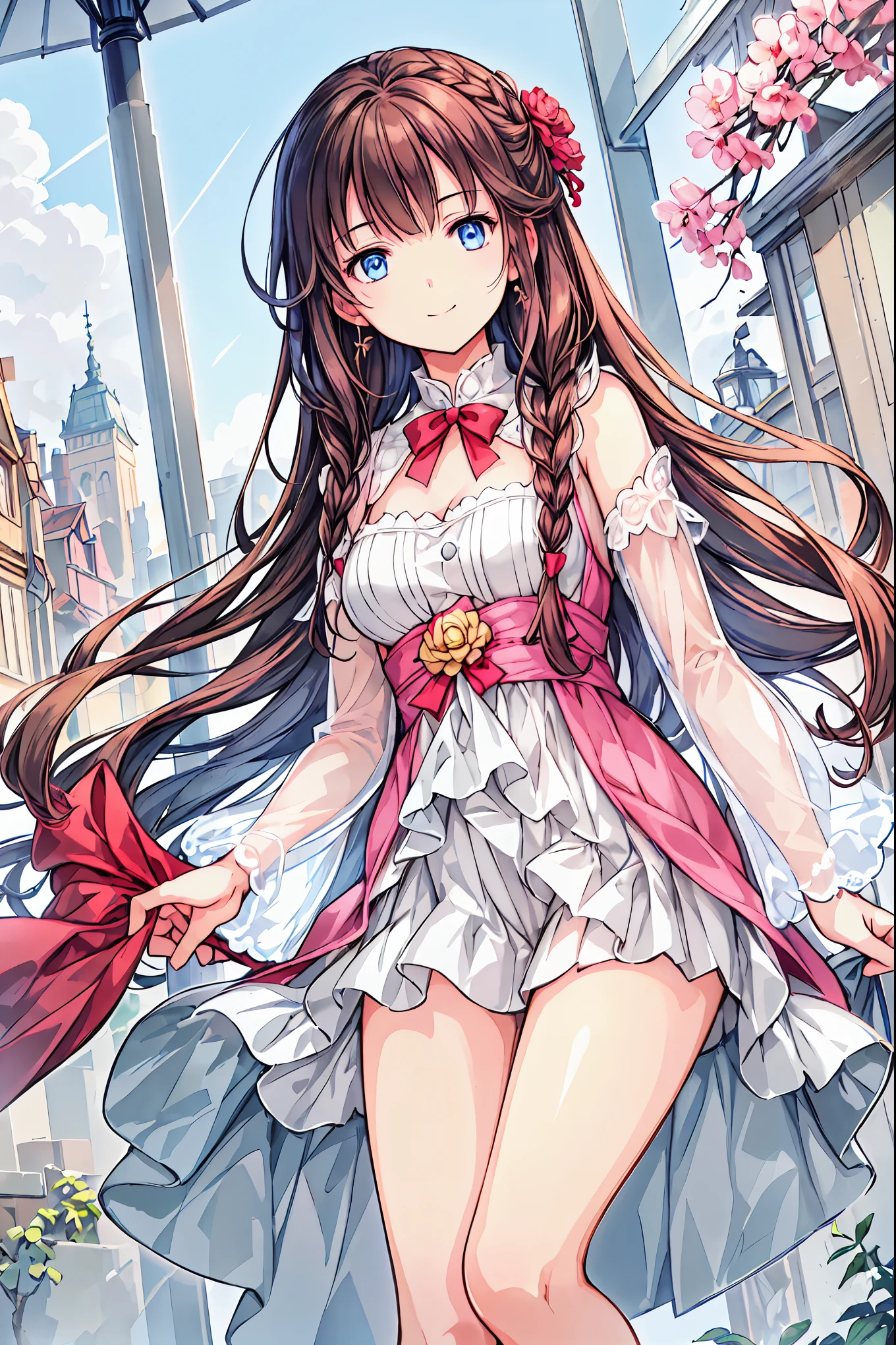 Winter clothes、Red coat、Bare legs、( top quality ,Masterpiece:1.3, Ultra-Fine ),( very detailed, caustics ,8k),( realistic :1.4,RAW shooting),18 years old, Japanese , cute, Looking at the camera and smiling ,( faces :1.2),( face close-up :1.2),(Low position:1.3),( low angle:1.4), brown hair, Shortcut , slender beauty , messy hair,Cityscape, brown hair, Shortcut , tousled hair , short braided hair,Neat, slender and beautiful woman with C cup breasts ,Correct posture, small breasts, Beautiful Legs, Enchanting gray-blue eyes shine like stars ,Droopy eyes, bright color , beautiful eyes,A delicate smile, Textured Skin, BEST QUALITY BEST , A humorous parody of a gentle and beautiful woman writing directly from the bottom of the depth of the dress border , anime style、
