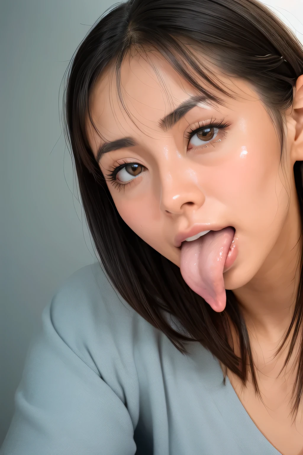 AEON PHOTO ,8k, リアルな肌の質感 , 1 girl, Table Top Cover Upper Arms ,, Award-Winning Photos , very detailed , In Front of a Public Toilet in a Park , Nose and mouth, faces , Extreme Closeup of His Face 、 Woman with Her Eyes Open , Black Camisole 、20 years old, black hair、 Symmetrical face , Insulated 、 angle 、 C spreading under the table top of my jacket shaped nostrils ,(( Gray background ))、Sweaty skin、Lights that highlight Glowing Skin Legs with sweat、((Sharp Nose))Sweaty skin glistens、 Shiny Skin 、Sweaty hair、sunlight、(Brow wrinkles)((Frowning))( Ejaculates on My Tongue in Front of the Park Public Toilet Entrance )、 Deep Kiss 、(( thin eyebrows on boots))((( oily skin )))、 Glowing Skin Legs 、 double eyelid 、 wet and shiny tongue 、Hair tied up、 Up Hair、((( Girl Trembling at the Peak of Her Sexual Desire )))(((Oily and Glowing Skin Legs )))(( Sweat Erupting Through Her Pores ))Tamsin Egerton,((Sticking out a long tongue, ahe face)),Beautiful Japanese Actresses,((Face close-up))