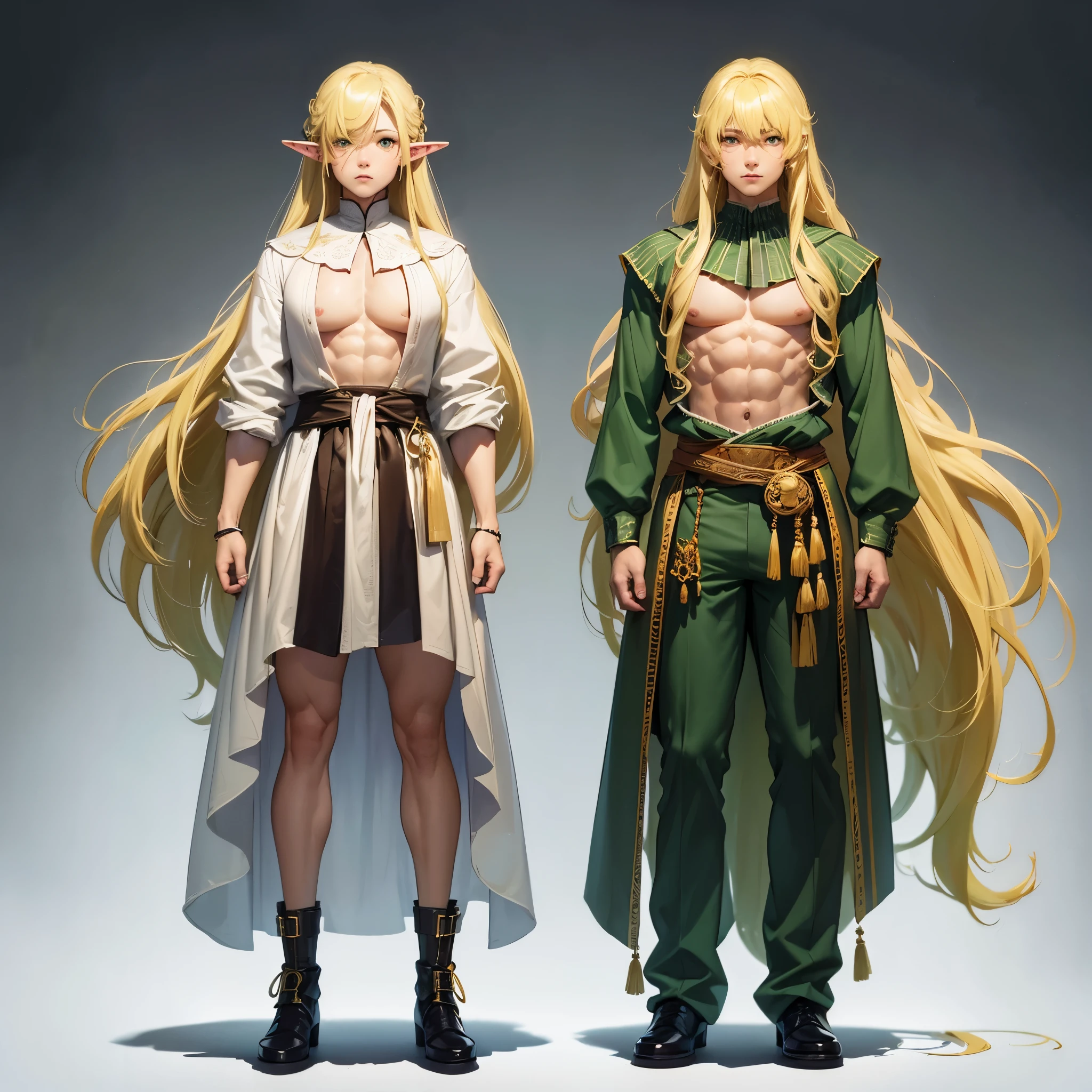 ((masterpiece)),(((bestquality))), (Character full body), (Character sheet), 1 muscle boy, standing full-body, Clear facial features,Simple line design,Transparent background,(tmasterpiece,top Quority,best qualtiy, Clear facial features,beautidful eyes,beauitful face), (simple background, White background: 1.3), Beautiful man, elf, bluebeyes, long curly hair without bangs, (((blonde hair color))), ((green hair highlights)), long hair beak, large pectoral, muscle, sexy clothes