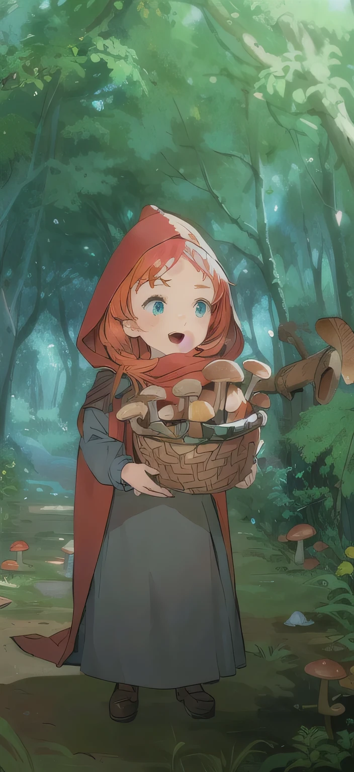 A cartoon girl wearing a red headscarf holding a basket of mushrooms, thief little Red Riding Hood, little little Red Riding Hood, little Red Riding Hood, Fairy tale illustration style , cartoon digital painting , red cape , Storybook illustration, Fairy tale illustration, Animated Movie Stills , Fantastic fairy tale , Children's fantasy painting , Picnic in the forest, Animated movie scene, Storybook illustration,8k, HD