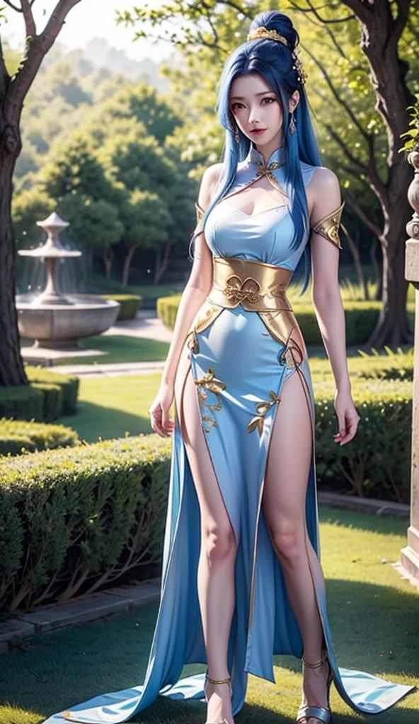 "Chinese fantasy style girl with long shiny blue hair, white and gold tight dress, elegant design, elegant mood, standing in an ancient Chinese garden scene amid the soft sunlight streaming through the trees."