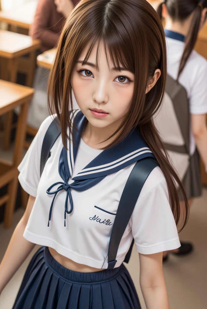 8K, highest quality, real image, intricate details, Super detailed, ultra high resolution, depth field,(realistic,realistic:1.2), (small breasts:1.2), japanese girl, very beautiful 17 year old girl, (beautiful breasts:1.5, highly detailed eyes:1.2), (beautiful breasts:1.1), bangs, perfect skin, Fair skin, tight waist, looking at the viewer, black hair, hair behind the ear, shoulder hair, long hair, no makeup、in a high school classroom, During class, (high school sailor suit:1.2), (navy pleated skirt:1.2)