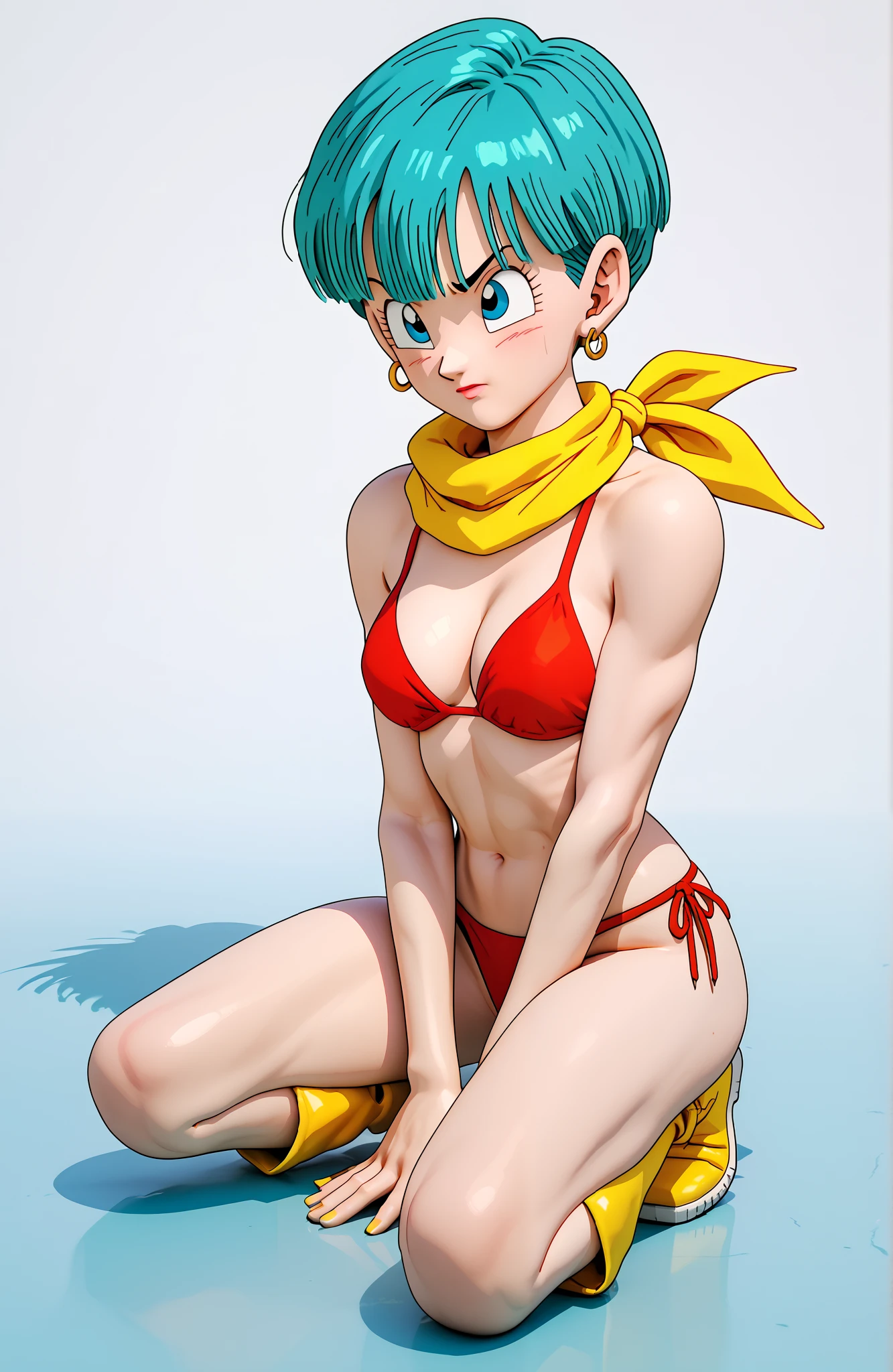 bulma, aqua blue hair, blue eyes, yellow scarf wrapped around neck,  red swinsuit , yellow boots, trailers.bikini, 3d 
