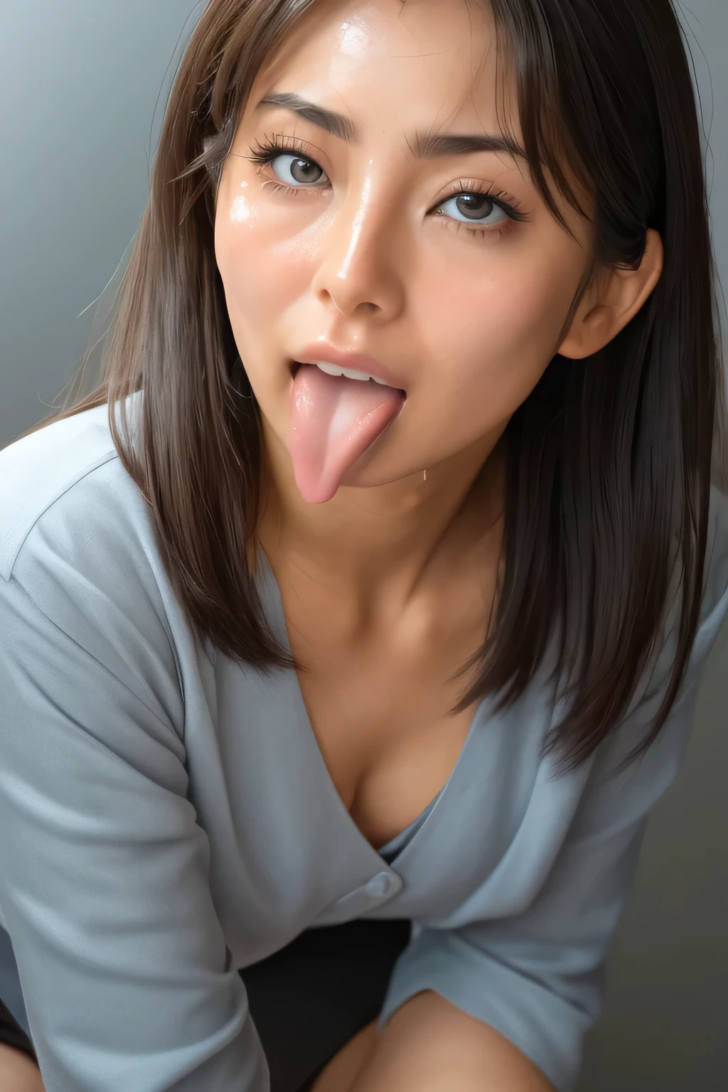 AEON PHOTO ,8k, リアルな肌の質感 , 1 girl, Table Top Cover Upper Arms ,, Award-Winning Photos , very detailed , In Front of a Public Toilet in a Park , Nose and mouth, faces , Extreme Closeup of His Face 、 Woman with Her Eyes Open , Black Camisole 、20 years old, black hair、 Symmetrical face , Insulated 、 angle 、 C spreading under the table top of my jacket shaped nostrils ,(( Gray background ))、Sweaty skin、Lights that highlight Glowing Skin Legs with sweat、((Sharp Nose))Sweaty skin glistens、 Shiny Skin 、Sweaty hair、sunlight、(Brow wrinkles)((Frowning))( Ejaculates on My Tongue in Front of the Park Public Toilet Entrance )、 Deep Kiss 、(( thin eyebrows on boots))((( oily skin )))、 Glowing Skin Legs 、 double eyelid 、 wet and shiny tongue 、Hair tied up、 Up Hair、((( Girl Trembling at the Peak of Her Sexual Desire )))(((Oily and Glowing Skin Legs )))(( Sweat Erupting Through Her Pores ))Tamsin Egerton,((Sticking out a long tongue, ahe face)),Beautiful Japanese Actresses,((Face close-up))