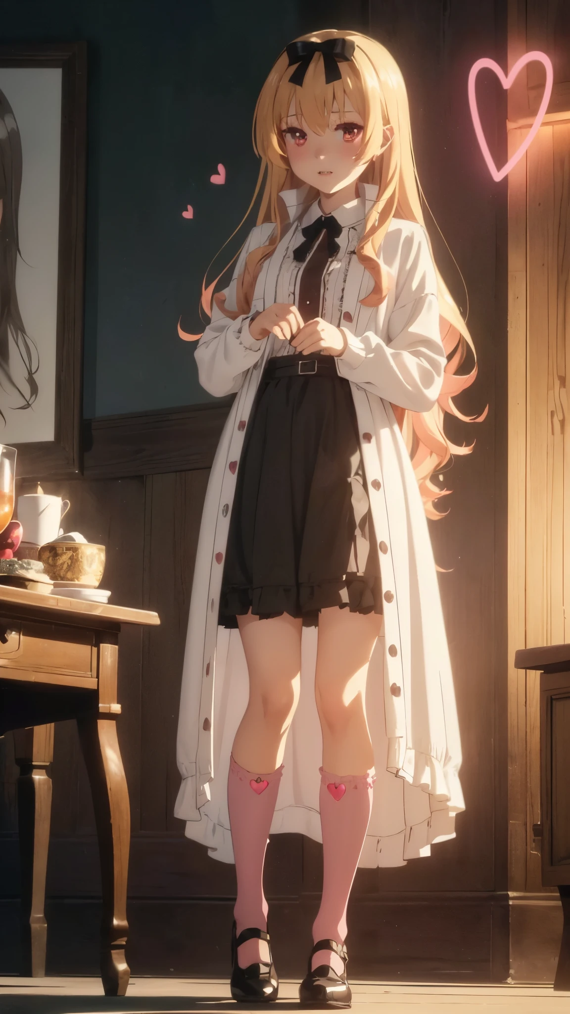 (A deceptively sweet vampire princess, small and delicate, with glowing crimson eyes shimmering with an unnerving intensity, pale porcelain-like skin veined faintly in shimmering gold, and a soft, enigmatic smile that conceals a haunting depth), her long, flowing golden hair styled in soft waves, her petite yet curvaceous frame exuding a chilling allure), (Only 4 feet tall, glowing crimson eyes flash with subtle menace, radiating an aura of deceptive innocence and subtle danger), female, (Poised yet playful pose, standing with one hand on her hip and the other lightly holding the hem of her skirt, her body language confident and inviting yet unnervingly intense), (Set in a serene meadow under a twilight sky with glowing fireflies and faint, creeping shadows, the atmosphere blending calm beauty and an unsettling undertone), ((((Wearing a simple yet charming outfit: a pastel pink cardigan over a frilly white sundress, paired with knee-high socks and dainty black shoes, her accessories include a delicate ribbon in her hair and a small heart-shaped locket at her neck)))), unnervingly perfect face with too-symmetrical features, subtle fangs glinting as she parts her lips, personality: Overwhelmingly alluring, Playful yet composed, Graceful, Alluring, Subtle menace in her soft gaze, Hair flowing gently as if alive, Glowing, hunger-filled eyes locked on prey, (Masterpiece, High Res, Highly detailed, 4K, 8K, Quality sharpness, focused), NSFW, arifureta_yue,