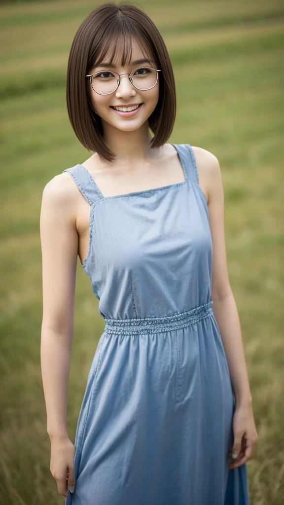 Neat and clean girl、(Apron naked)、Outside the field、(Slimed)、Photorealsitic、detaileds, Skin Texture, ultra-detailliert、Delicate and sexy collarbone、A smile、Super Detailed Face、Detailed lips、A detailed eye、tiny chest、Smaller chest、small tit、Small、flat breast、Chest emphasis、Bright face、((is standing、slightly lift the hem of the skirt with both hands,,,))、Shorthair with bangs、Straight bob hair、、Angle from top edge、14year