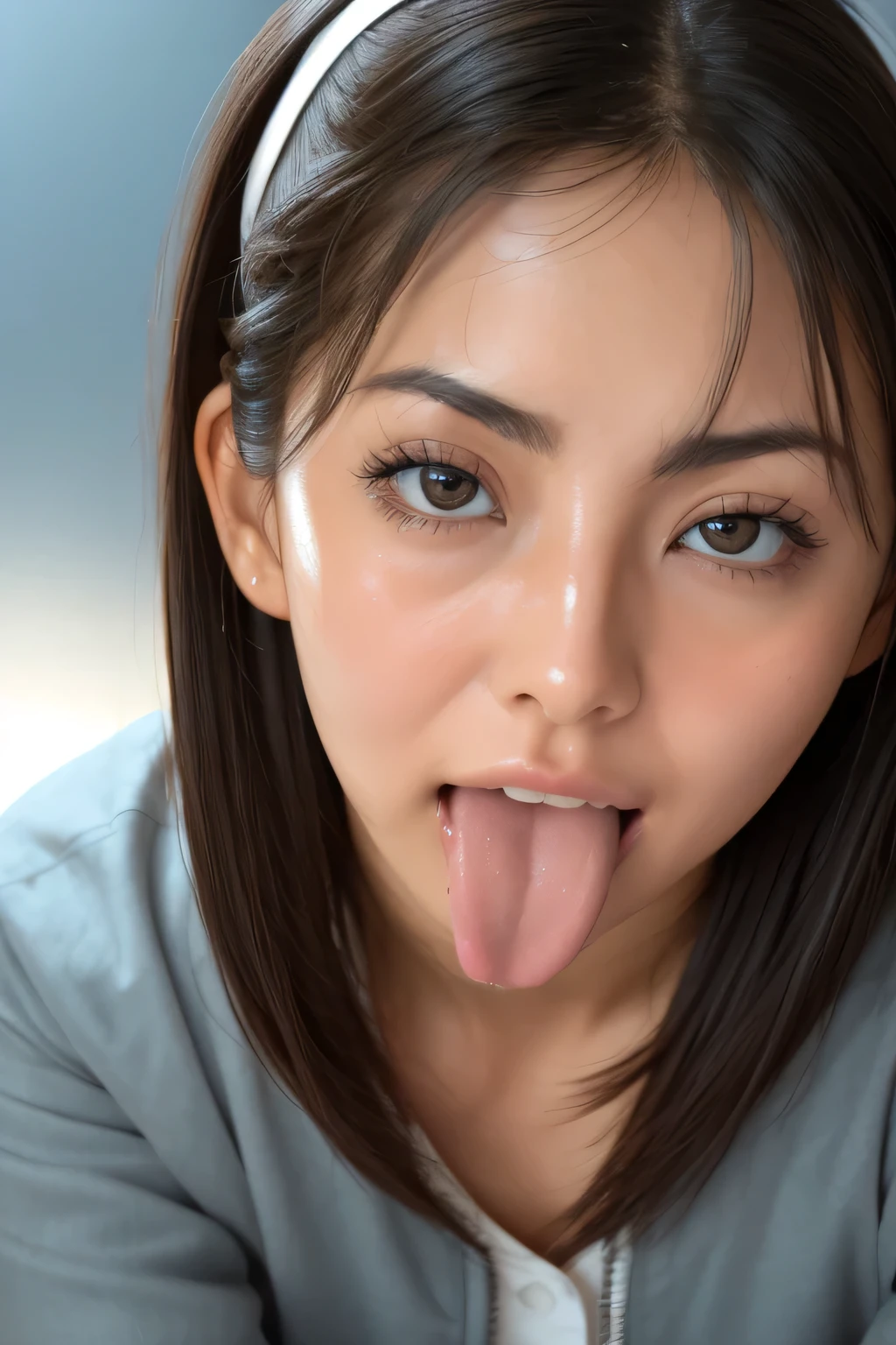 AEON PHOTO ,8k, リアルな肌の質感 , 1 girl, Table Top Cover Upper Arms ,, Award-Winning Photos , very detailed , In Front of a Public Toilet in a Park , Nose and mouth, faces , Extreme Closeup of His Face 、 Woman with Her Eyes Open , Black Camisole 、20 years old, black hair、 Symmetrical face , Insulated 、 angle 、 C spreading under the table top of my jacket shaped nostrils ,(( Gray background ))、Sweaty skin、Lights that highlight Glowing Skin Legs with sweat、((Sharp Nose))Sweaty skin glistens、 Shiny Skin 、Sweaty hair、sunlight、(Brow wrinkles)((Frowning))( Ejaculates on My Tongue in Front of the Park Public Toilet Entrance )、 Deep Kiss 、(( thin eyebrows on boots))((( oily skin )))、 Glowing Skin Legs 、 double eyelid 、 wet and shiny tongue 、Hair tied up、 Up Hair、((( Girl Trembling at the Peak of Her Sexual Desire )))(((Oily and Glowing Skin Legs )))(( Sweat Erupting Through Her Pores ))Tamsin Egerton,((Sticking out a long tongue, ahe face)),Beautiful Japanese Actresses,((Face close-up))
