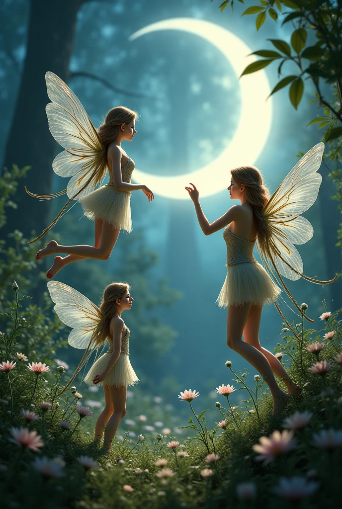 beautiful adult fairy、two fairies、Sitting on a thick, mossy tree branch、You can see a girl and a boy、I have angel wings and I can fly、short golden hair and cute round eyes、slight smile、perfect lighting、high detail、High level image quality、High color rendering、High resolution、surreal、photo-realistic