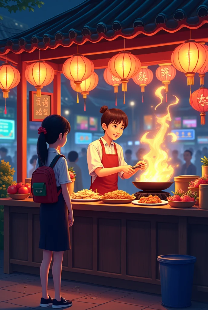 a street food stall at an Asian night market,1girl customer,1cooking man,Pixel Art,(best quality,4k,8k,highres,masterpiece:1.2),ultra-detailed,(realistic,photorealistic,photo-realistic:1.37),vivid colors,neon lights,lanterns,food stall counter,wok with sizzling food,customer watching chef cook,traditional Asian architecture,bustling night market atmosphere,warm lighting,street vendor,food preparation