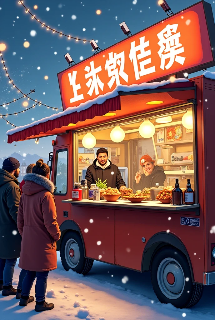 Food truck lining up in front of a new year event, snowy road, hungry peoples lining up to buy the hot takoyaki Or okonomiyaki. 