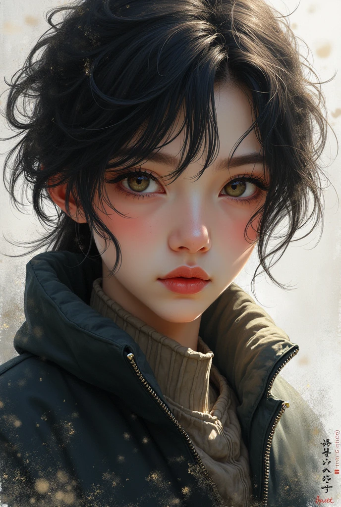 (Masterpiece, Best quality), depth of field, Detailed eye, ((computer illustration)), ((focus on the face)), ((Masterpiece)), ((8K)), ((ultra detailed)), ((Ultra-high image quality)), ((cinematic)), ((Photorealistic)), ((close-up)), (One), (Beautiful girl), long hair, Ahoge, (((Brown curly hair))), wild hair, (((slender body))), Glossy leather, ((looking)), (Beautiful gothic girl with high cheeks ), black tracksuit, arrows on the eyes , Clear eyes, jig eyes, pomade, Dark eye shadow, ((Functional)), Oneочество, visual, detailed eyes, heterochromia, Right eye:green, left eye: ярко green, Detailed sakura tree background, Red eyes.