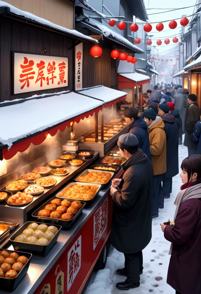 Food truck lining up in front of a new year event, snowy road, hungry peoples lining up to buy the hot takoyaki Or okonomiyaki. 