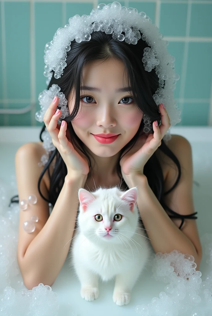 Create an Asian beauty with long hair,Regular facial features,Wearing nothing,Washing hair with both hands above the head,A cute white kitten next to it plays with the foam,Real bubbles,Foam envelops the beauty's entire head,Beautiful girl opens her eyes,The expression is happy,The characters are realistic and realistic,Bathroom Background,Character front position,9:16 frames,Ultra-high-definition picture quality
