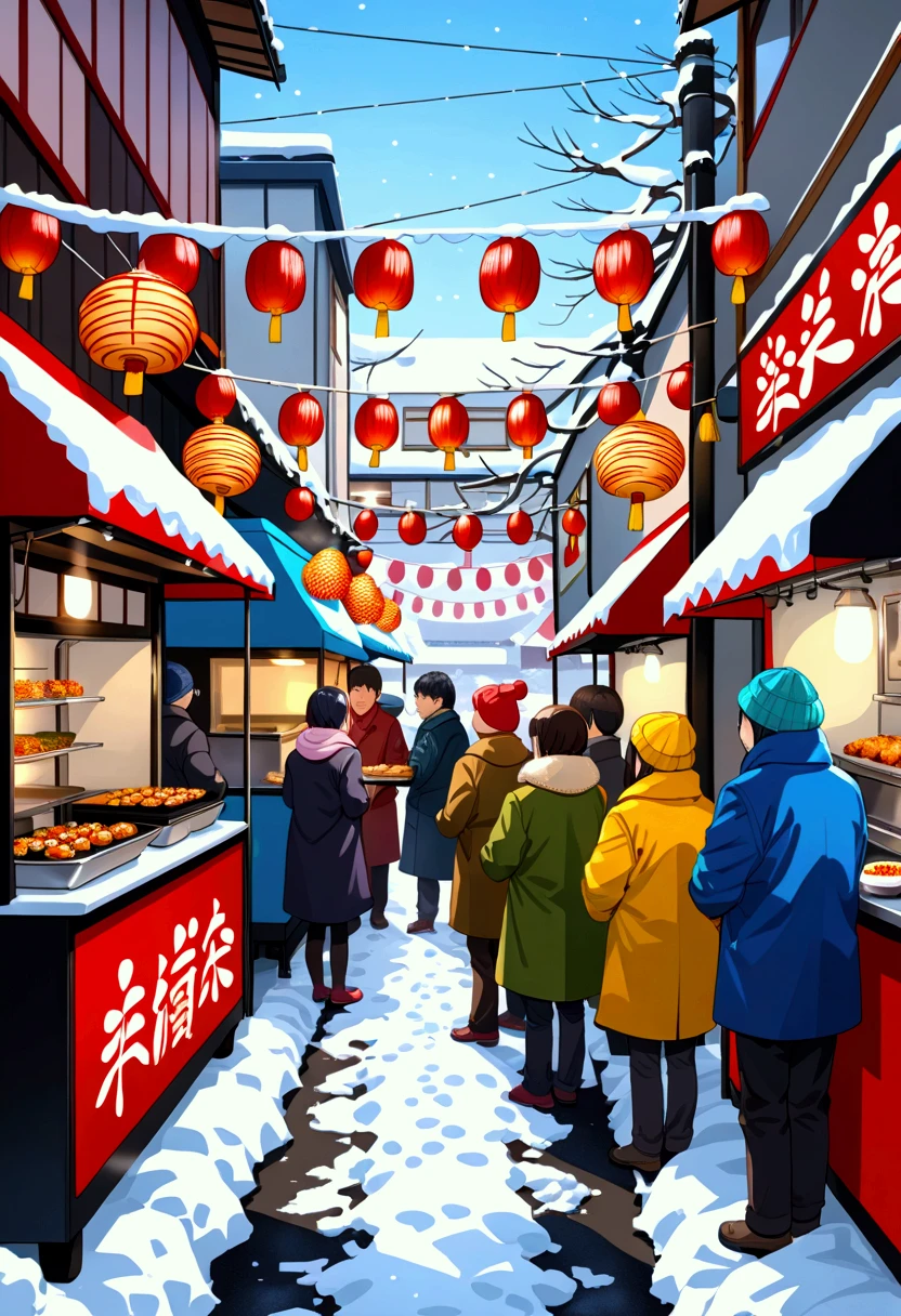 Food truck lining up in front of a new year event, snowy road, hungry peoples lining up to buy the hot takoyaki Or okonomiyaki. 